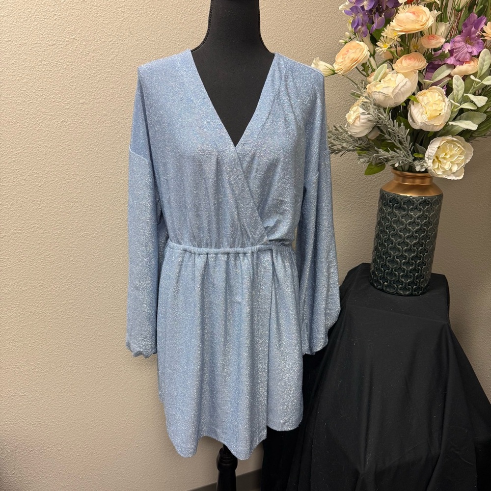 NWT GB Blue Shimmer Wrap Dress L Metallic Sparkle Long Sleeve Party Cocktail
